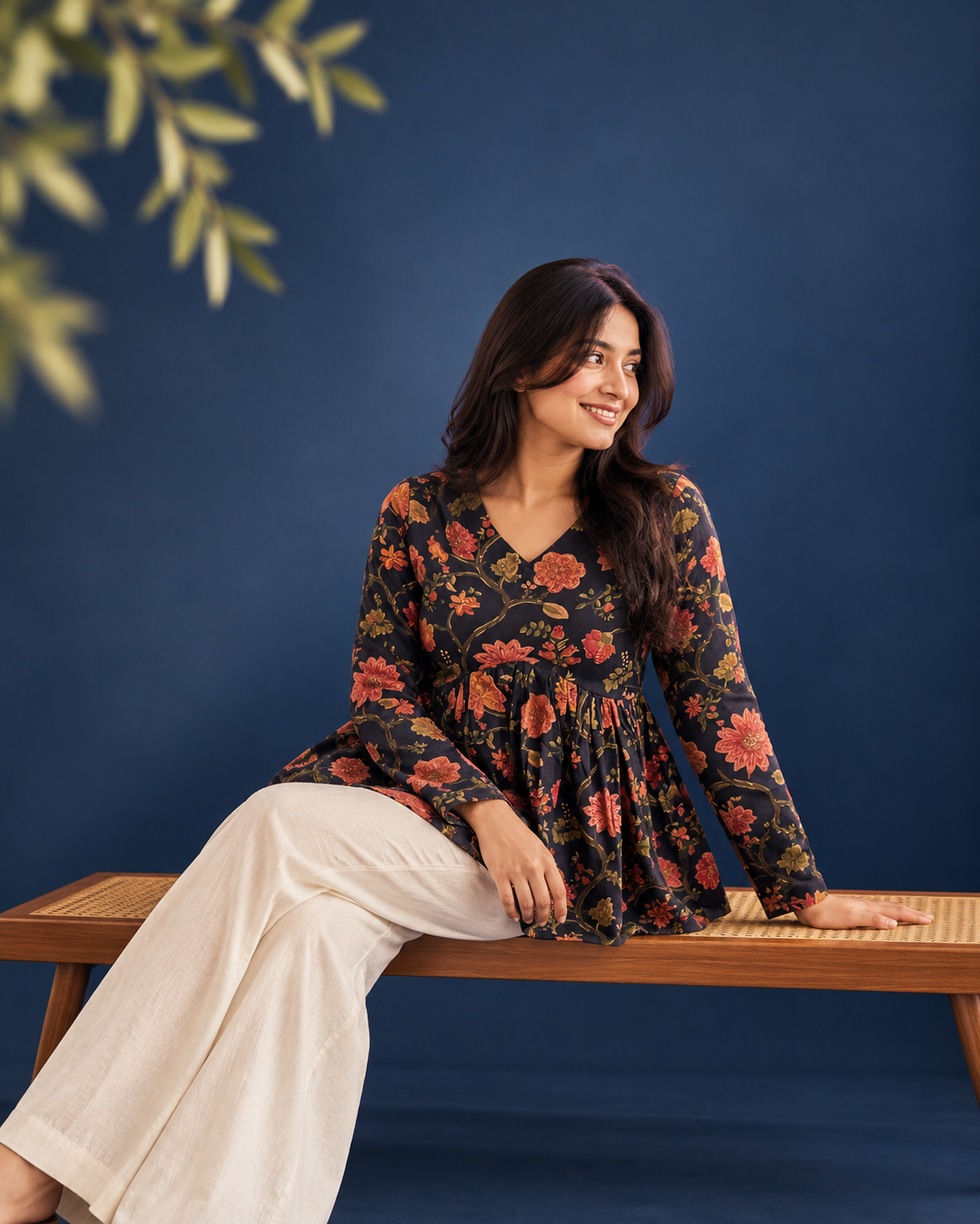 BeYou floral peplum top, cane bench