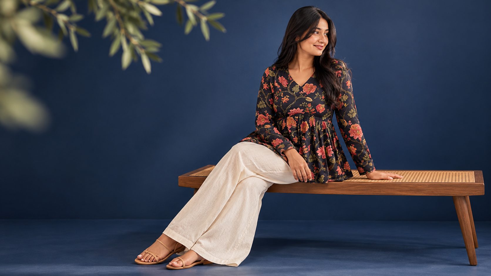 BeYou floral peplum top on a navy studio bench