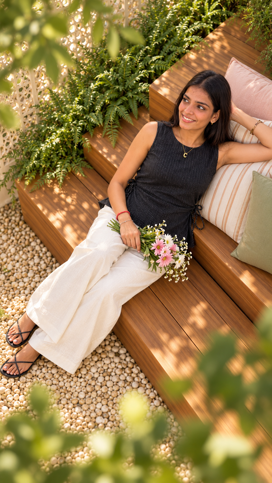 BeYou outfit in a sunlit garden lounge