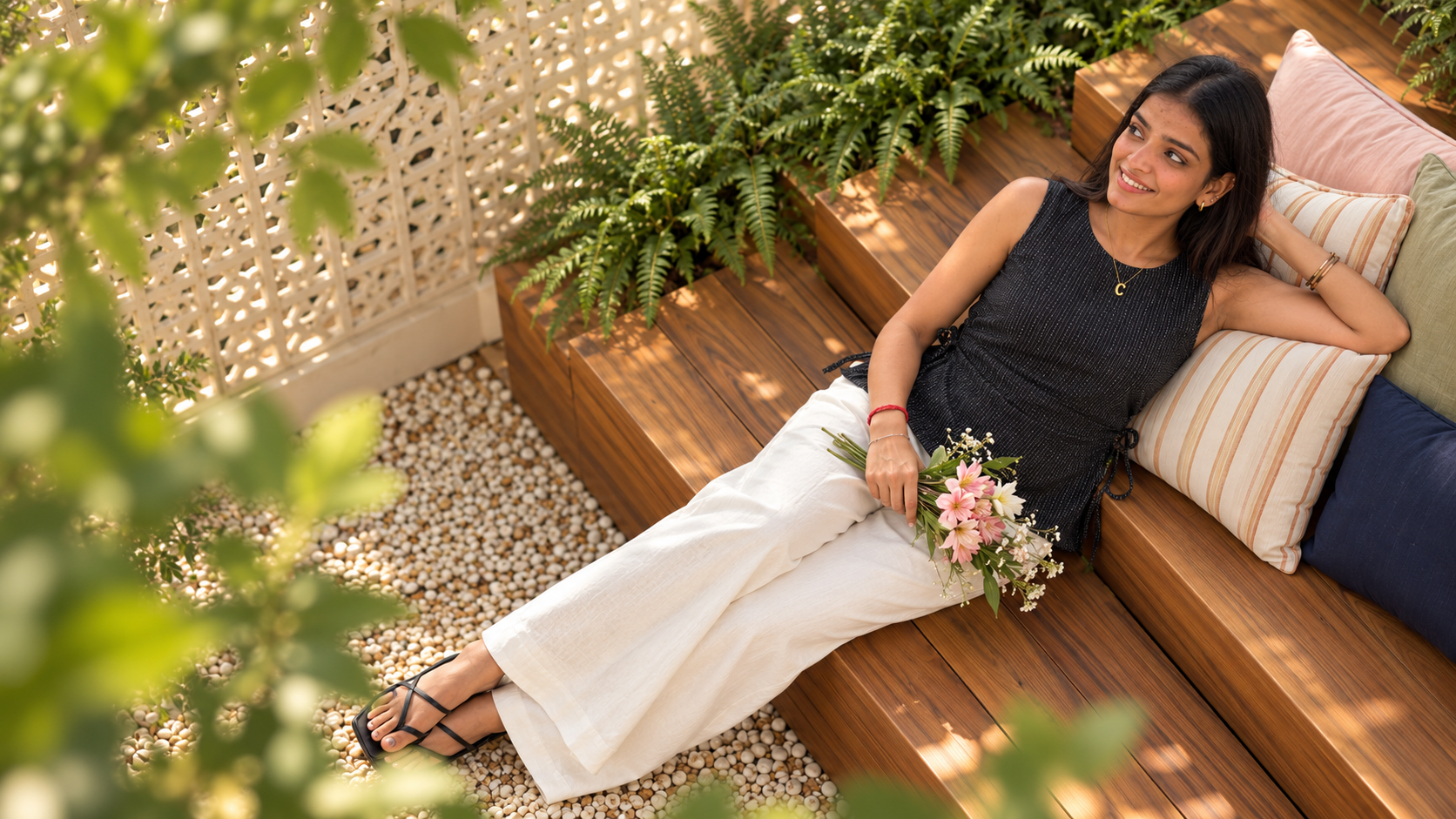 BeYou black pinstripe top with cream wide-leg trousers in a sunlit garden lounge